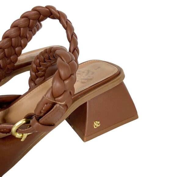 Sam & Libby Square Toe Heels Sandals Camel Brown Faux Leather‎ Braided Womens 9 - Picture 11 of 12